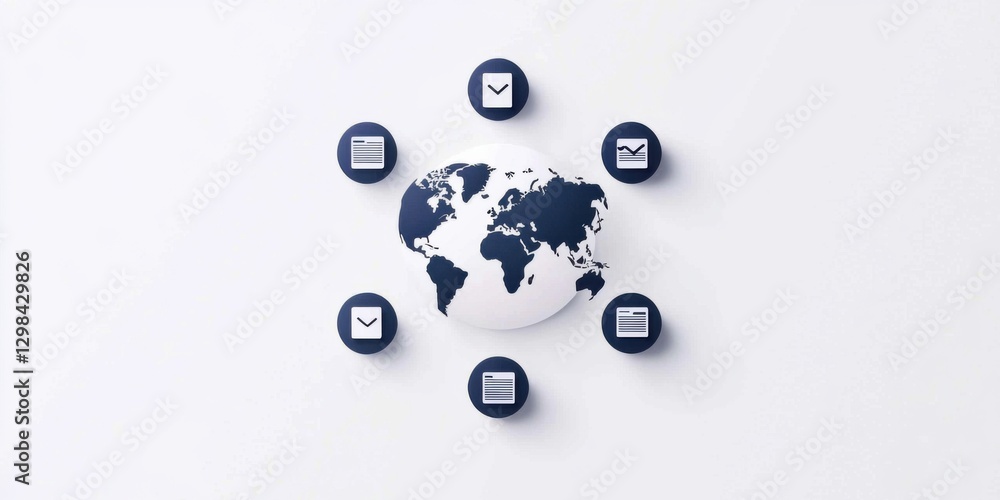 Poster a world map surrounded by icons symbolizing email and communication, representing global connectivit