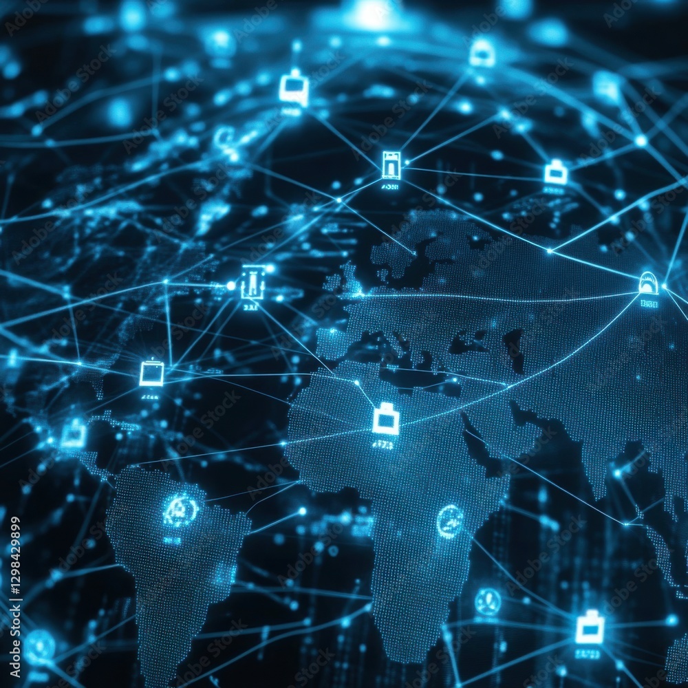 Poster a digital representation of a global network, featuring interconnected lines and nodes symbolizing d