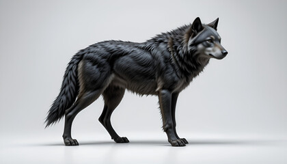 Fototapeta premium A Majestic Grey Wolf Stands Alert, Its Dark Fur Gleaming Under Soft Studio Lighting, A Symbol Of Untamed Wilderness And Primal Strength Isolated on Transparent Background