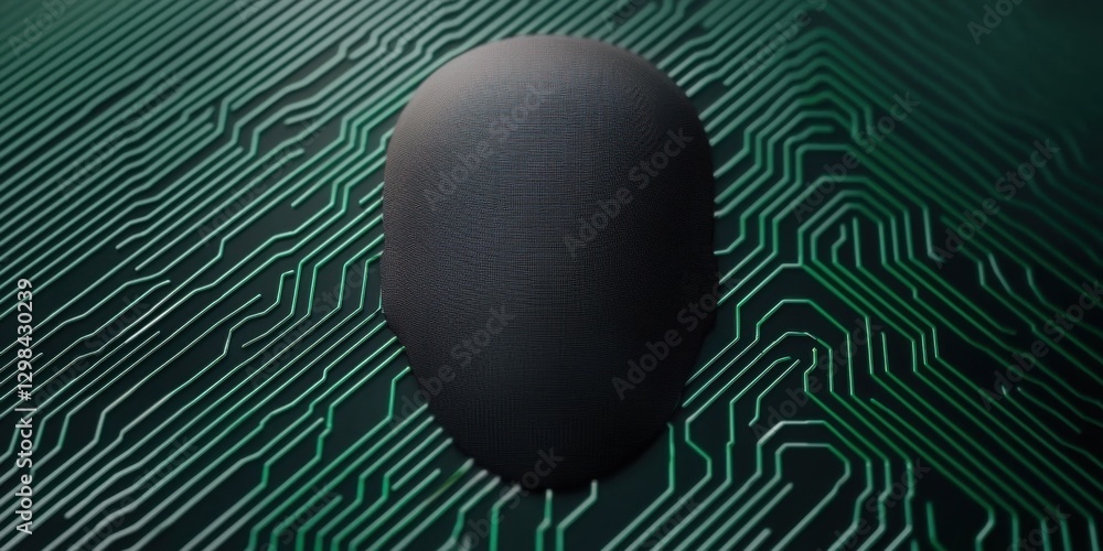 Poster a sleek fingerprint emerges from a circuit board background, symbolizing the intersection of technol
