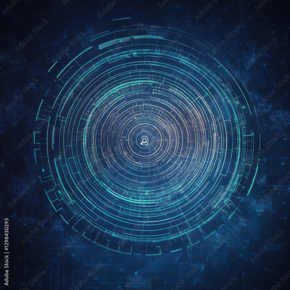 Poster a futuristic digital circular design featuring glowing lines and patterns against a dark background,