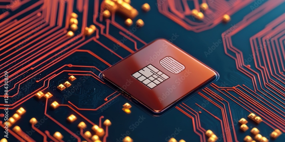 Poster a close-up view of a microchip on a circuit board, showcasing intricate patterns and vibrant colors,