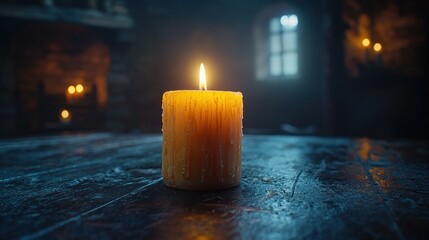Lit candle on dark wood table, medieval room