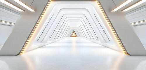 Fototapeta premium Futuristic white corridor depicted in 3D with sci-fi triangle tunnel.