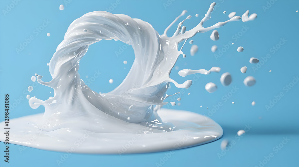 Poster dynamic milk splash creating a white circular wave on light blue background