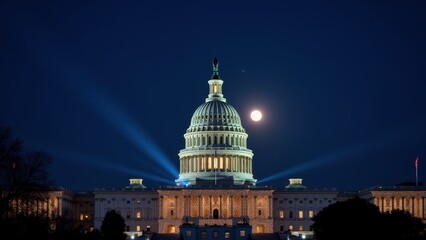 Capitol Building, Night view of Capitol Building adorned with starlight moonlight and spotlights enhancing the structure