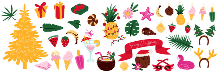 set of Tropical Christmas. Lots of elements. Gifts, fruits, an air mattress, ice cream in a flat style. An illustration for the design of a festive cover, a greeting card. Christmas and New Year.