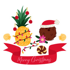 Pineapple is decorated with a garland, coconut with a Christmas hat, shells, ribbons and Christmas tree toys for a Set of Christmas and New Year. Tropical winter holidays. A group of items