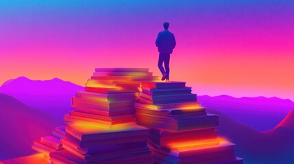 Vibrant Staircase Made of Glowing Books in Abstract Art