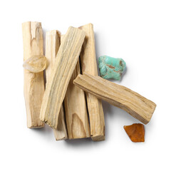 Palo santo sticks and gemstones isolated on white, top view