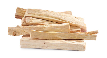 Pile of palo santo sticks on white background