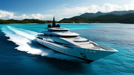 Luxurious yacht cruising through turquoise waters under a clear blue sky.