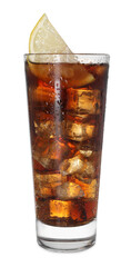 Refreshing cola with slice of lemon and ice cubes in glass isolated on white