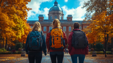 Obraz premium Autumn Journey: Three Friends Explore Historic Campus in Fall