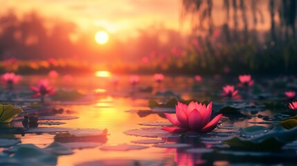 Lotus water lily. A sunset over a pond at the lotus pond. Generative ai is a computer generated illustration. Water lily of the lotus type lifestyle.