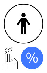 Human figure in a circle, factory icon, and blue percentage symbol representing industrial production, workforce, statistics, productivity, economy, efficiency and business analytics. Ideal