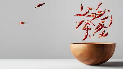 Floating red chili cloves create a mesmerizing display of culinary artistry and natural beauty in a minimalist setting.