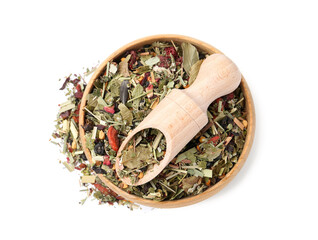 Dry herbal tea brew in bowl with scoop isolated on white, top view