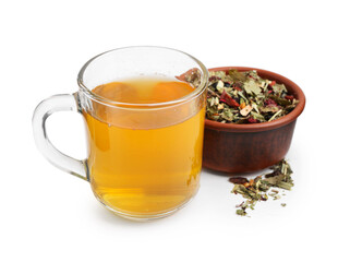 Delicious herbal tea and dry leaves isolated on white