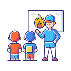 Illustration of a coach teaching children about fire safety with a flame symbol in a colorful style
