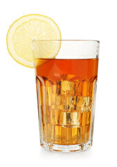 Refreshing tea with ice cubes and slice of lemon isolated on white