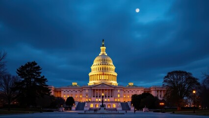 Obraz premium Capitol Building, The U.S. Capitol bathed in warm golden-hour light sharp angles highlight neoclassical detail against blue skies.