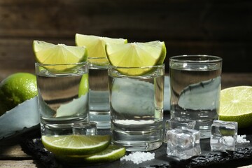 Tequila shots with lime slices, salt, ice cubes and agave leaf on table, closeup