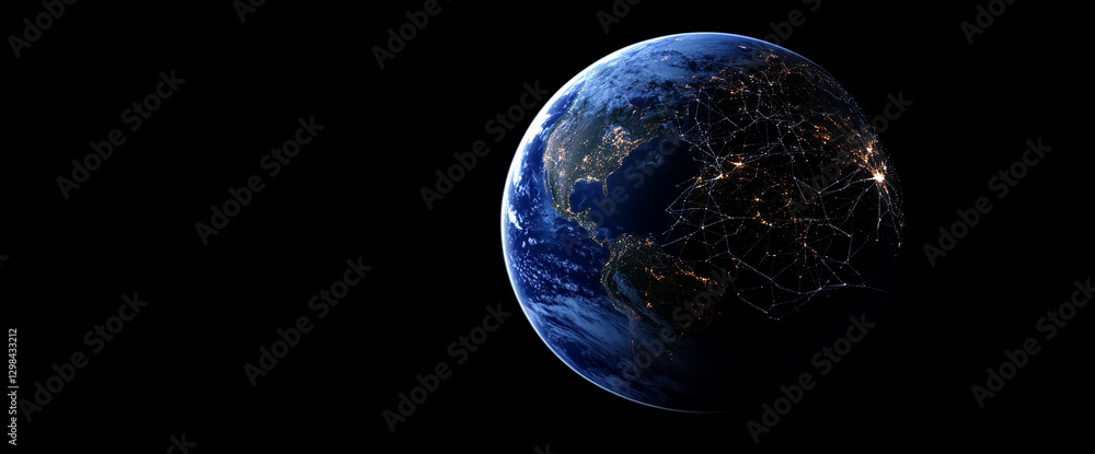Poster a detailed view of earth from space, highlighting the glowing lights of cities connected by a digita