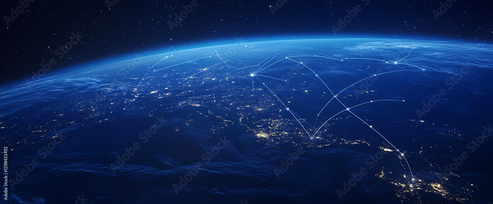 Poster Earth view from space at night, displaying interconnected lines of communication and global connectivity. The image symbolizes technology, network connections, and a connected world.