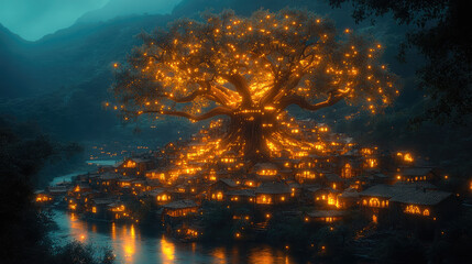Illuminated Tree Village by River at Dusk