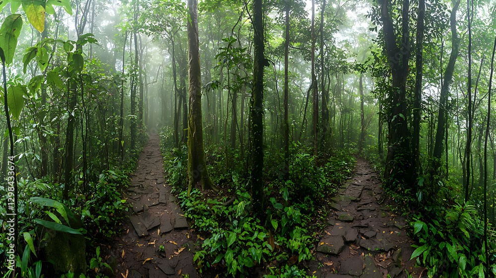 Poster panoramic view of a green lush forest with three different paths and sunlight peeking through the ca