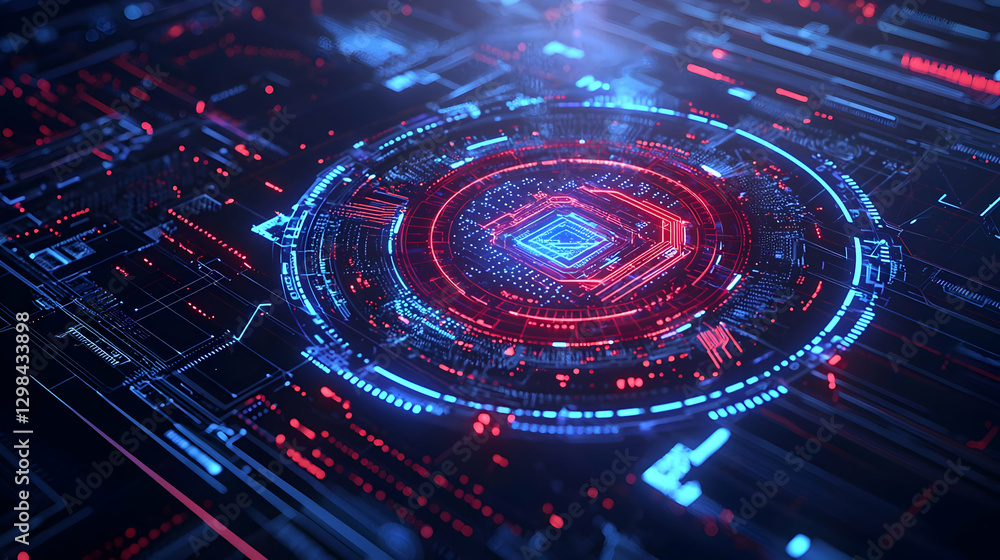 Poster futuristic digital circuit board in blue and red tones with geometric patterns and light effects
