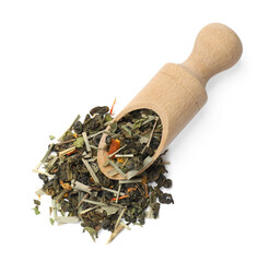 Dry tea leaves in wooden scoop isolated on white, top view