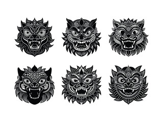 Obraz premium Set of mythical barong mask illustrations silhouette isolated on white background