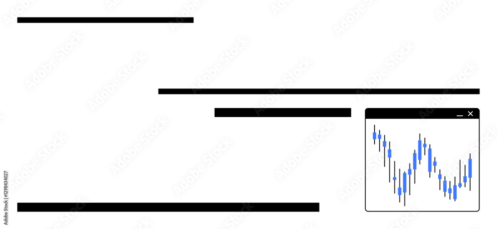 Poster candlestick chart with blue and white bars inside a window overlapping horizontal black bars. ideal 