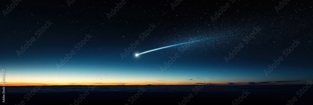 Poster bright comet streaks across the twilight sky over a serene landscape at dusk. generative ai
