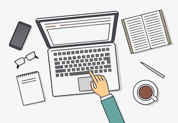 Workplace in office with laptop top view. Vector illustration