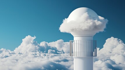 Science meteorology innovation concept. Cloud-covered tower against a blue sky backdrop with fluffy clouds.