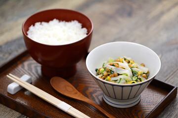 Ika-natto is a Japanese dish made by mixing squid sashimi with natto (fermented soybeans) and seasonings such as green onions. Set meal.