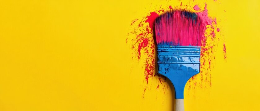A Blue and Pink Paintbrush with Splashes of Red Paint on a Yellow Background
