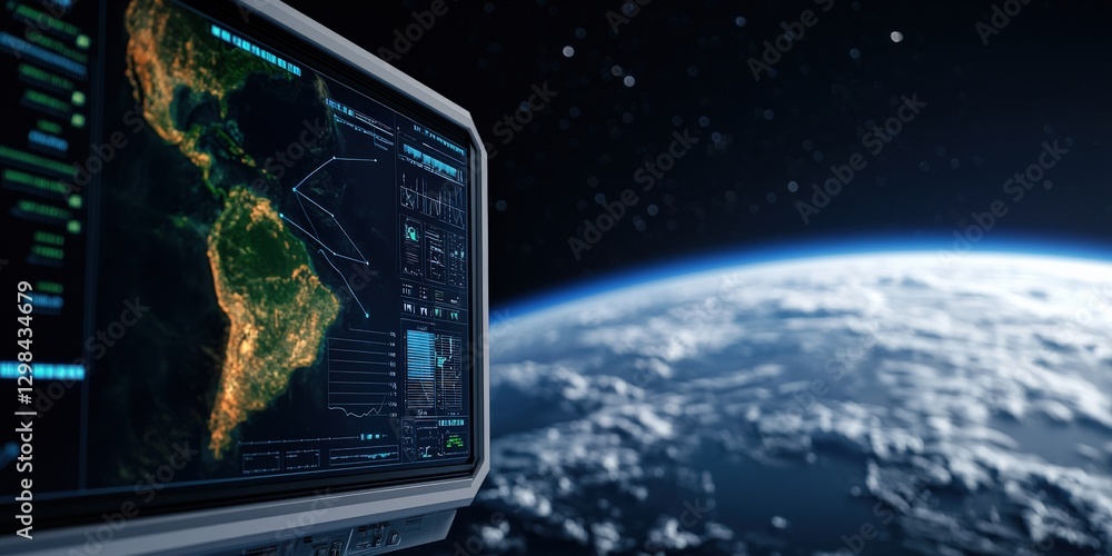 Poster science meteorology innovation concept. view of earth from space with a digital interface displaying