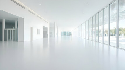 Obraz premium Bright White Modern Architectural Hallway with Glass Wall and Geometric Design