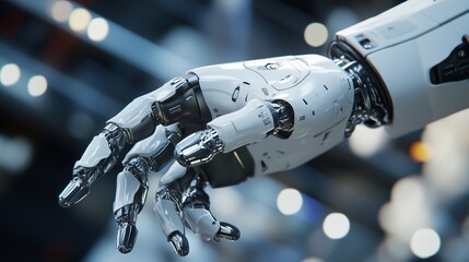 Robot hand with white glove. Robot is gesturing weed. A man is cutting a piece of wood with his hands. A robotic hand covered with a white glove lifestyle.