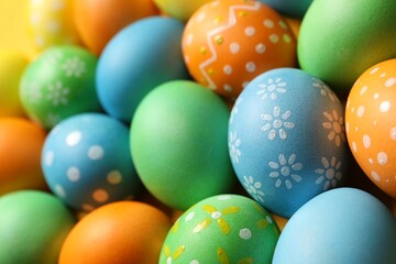 Beautiful decorated Easter eggs as background, closeup