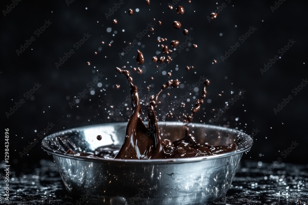 Poster cocoa liquid splashes energetically from a silver bowl against a dark background at a professional k