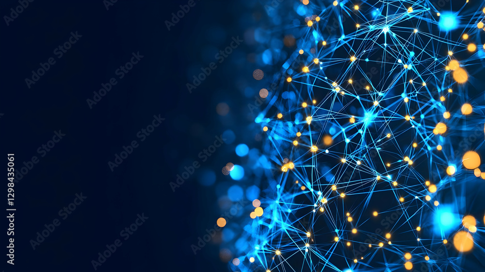 Poster abstract digital network with blue and orange glowing connected points on dark background