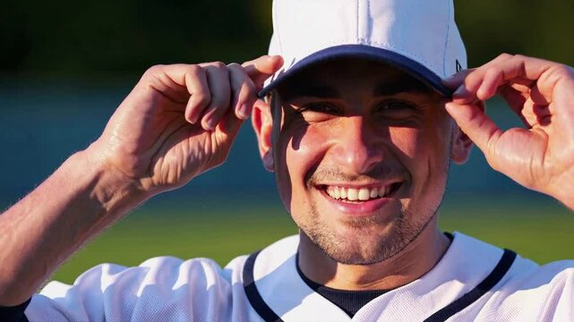 Portrait of a Baseball Player: A close-up portrait captures a baseball player, smiling broadly and adjusting his cap, radiating confidence and enthusiasm against the backdrop of a sunlit field.