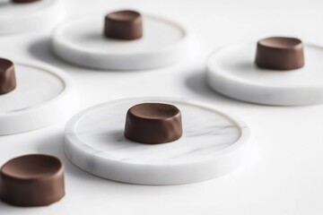 Chocolate Delights: Exquisite artisanal chocolates elegantly displayed on pristine marble coasters, offering a sophisticated, inviting culinary experience.