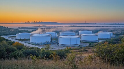 Obraz premium Misty Early Morning View of Airport Fuel Storage in Golden Light