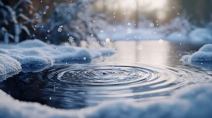 Snowflakes gently falling on a frozen pond, creating ripples in the surface.